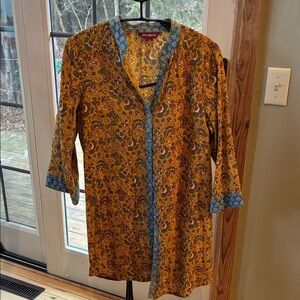 April Cornell‎ Golden Yellow Blue Printed Patterned Moosorie LSlv Sz. M Tunic